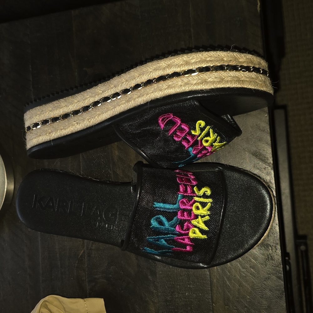 Karl Lagerfeld Paris Black Slide Sandals with Multicolor Embroidery